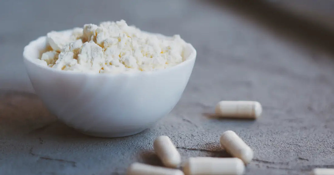 Bowl of protein powder with capsules beside the bowl, questioning can you mix collagen with plant-based protein powder