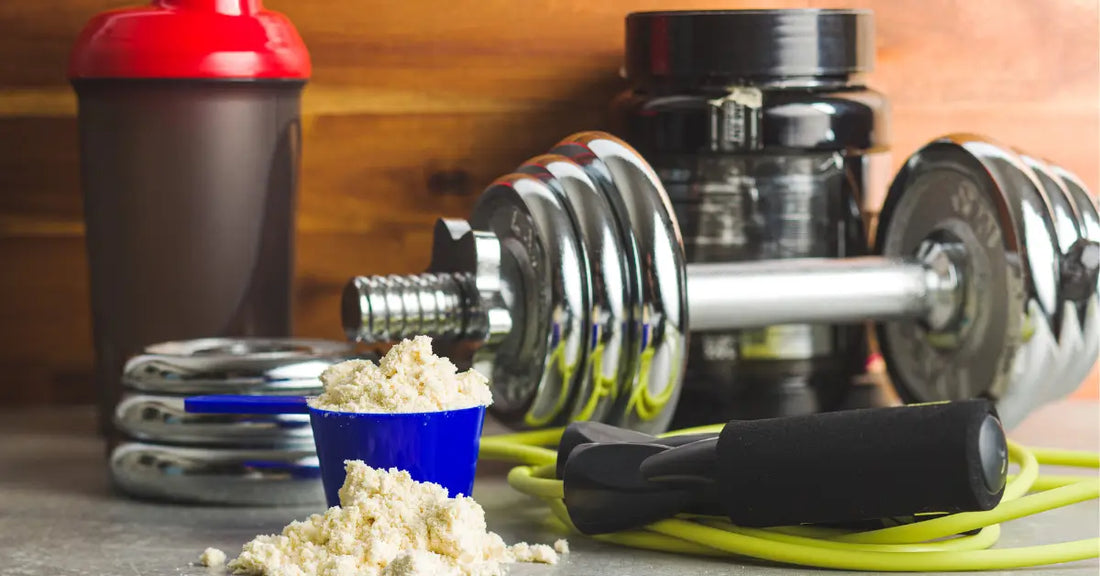 Scoop of protein powder with gym equipment in the background, illustrating the question is protein powder and pre workout the same